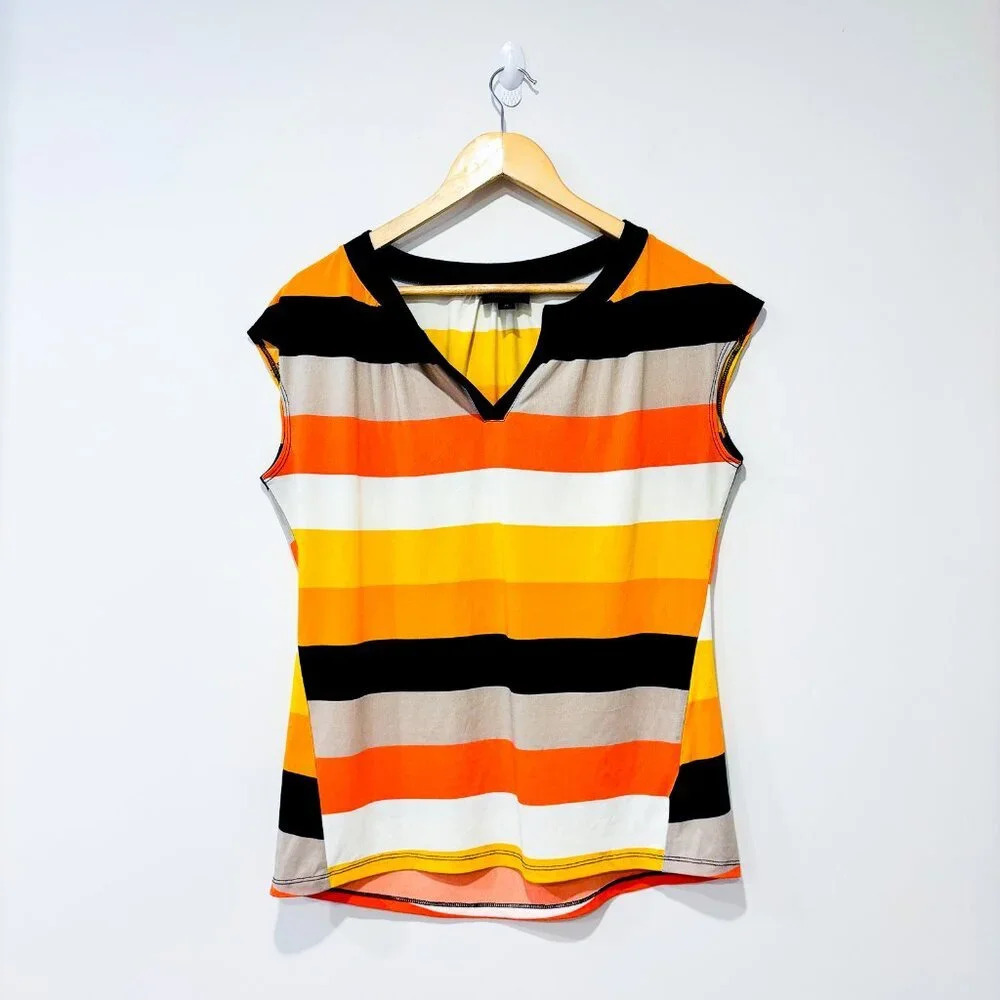 WORTHINGTON Orange Black Colorblock Striped V Neck Sleeveless Top Medium